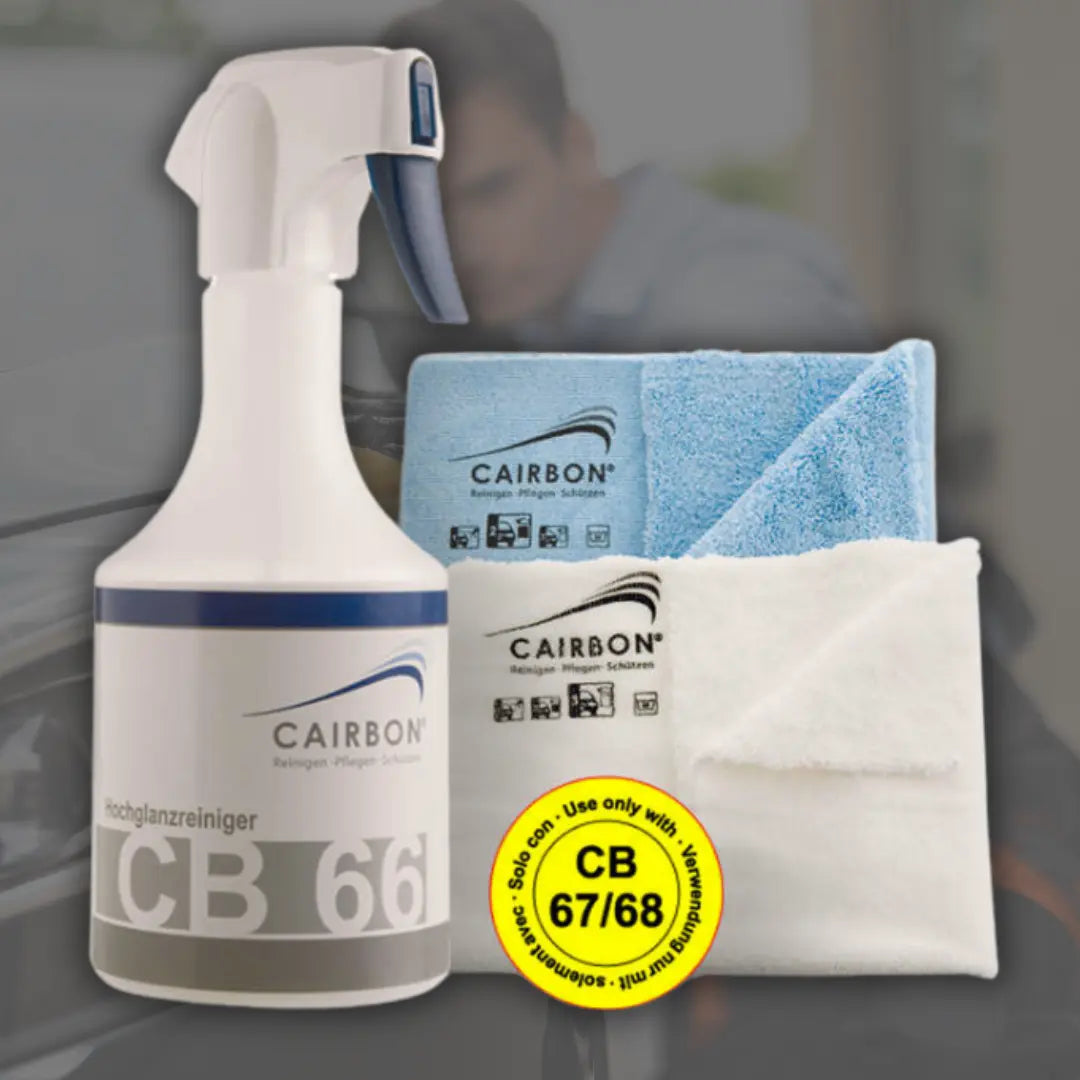 Cairbon Start-Set mit CB 66 Hochglanzreiniger und den Mikrofasertüchern CB 67 und CB 68.