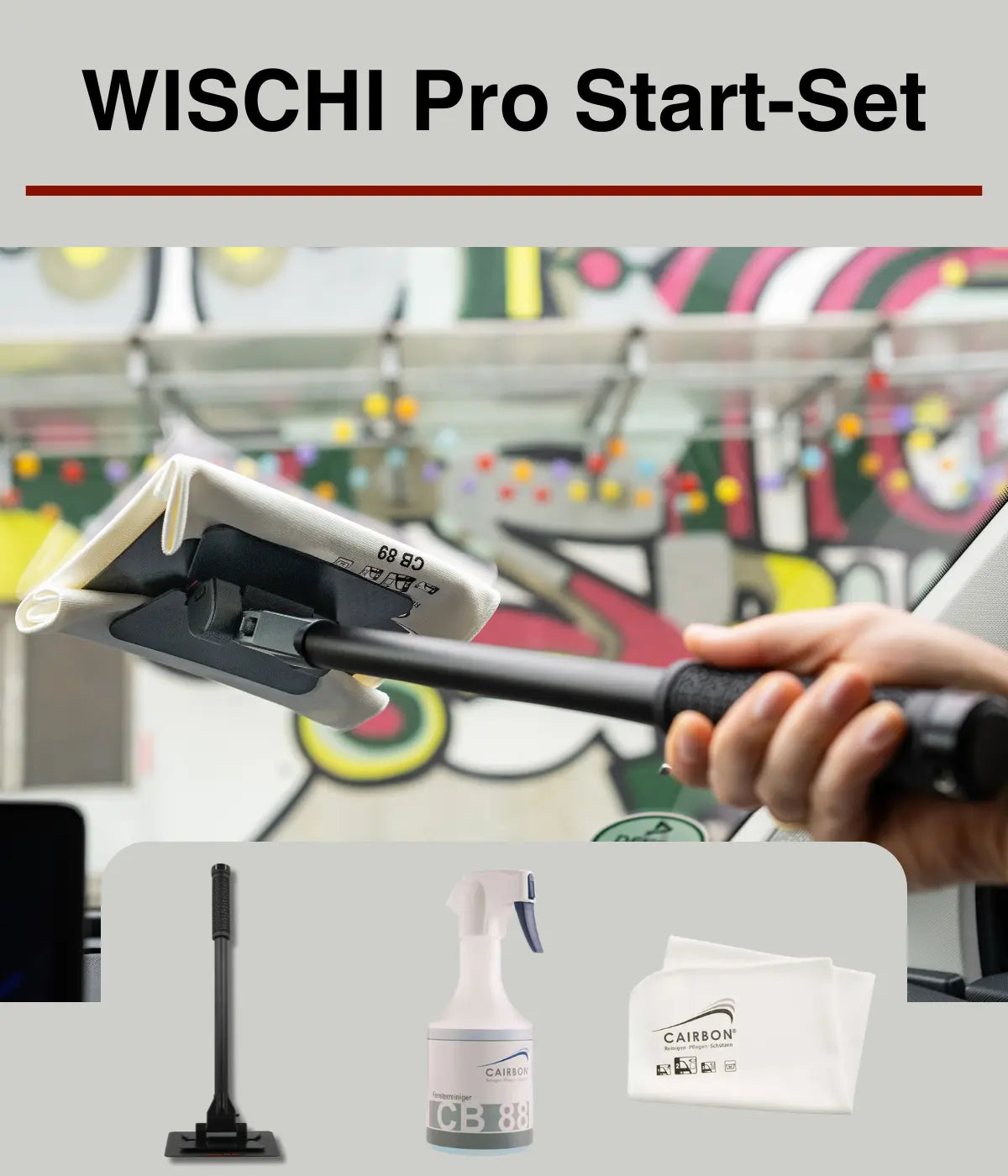 Komplettes WISCHI Pro Start-Set für die einfache und gründliche Scheibenreinigung am Auto, Haus oder Wohnung.