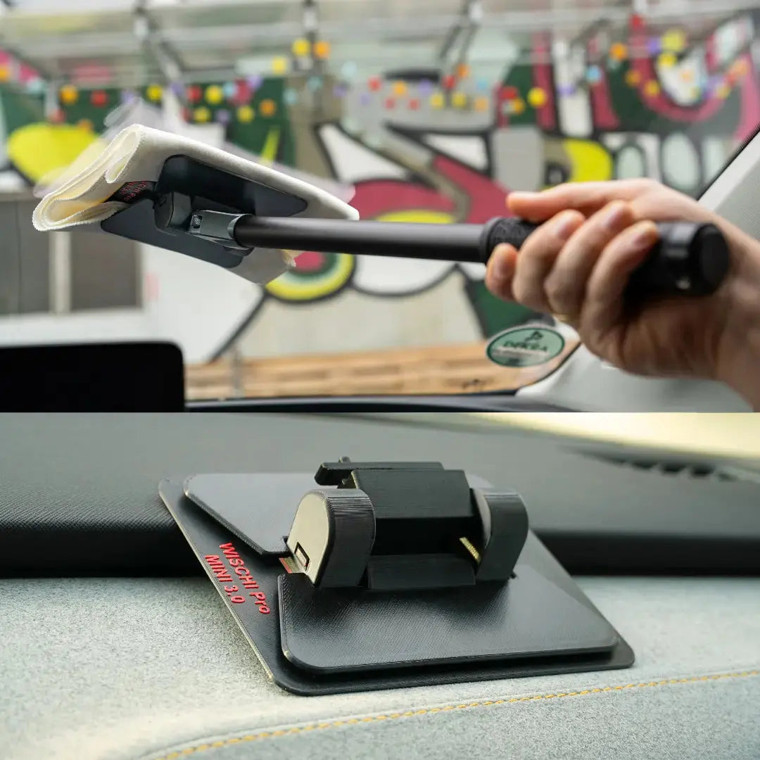 WISCHI Pro Mini bei der Reinigung von engen oder schwer zugänglichen Autoscheiben